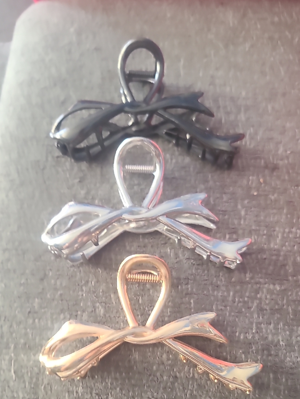 Set of 3 Bow Hair Clips - Black, Silver, Gold